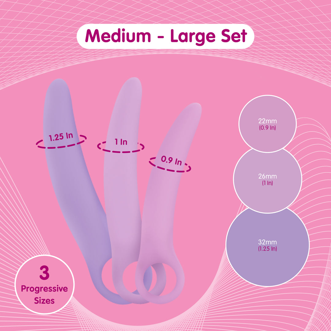 Medium to large vaginal dilator set with three progressive sizes in pastel pink and purple colours, featuring smooth tapered designs and size measurements from 22mm to 32mm.