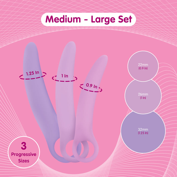 Medium to large vaginal dilator set with three progressive sizes in pastel pink and purple colours, featuring smooth tapered designs and size measurements from 22mm to 32mm.
