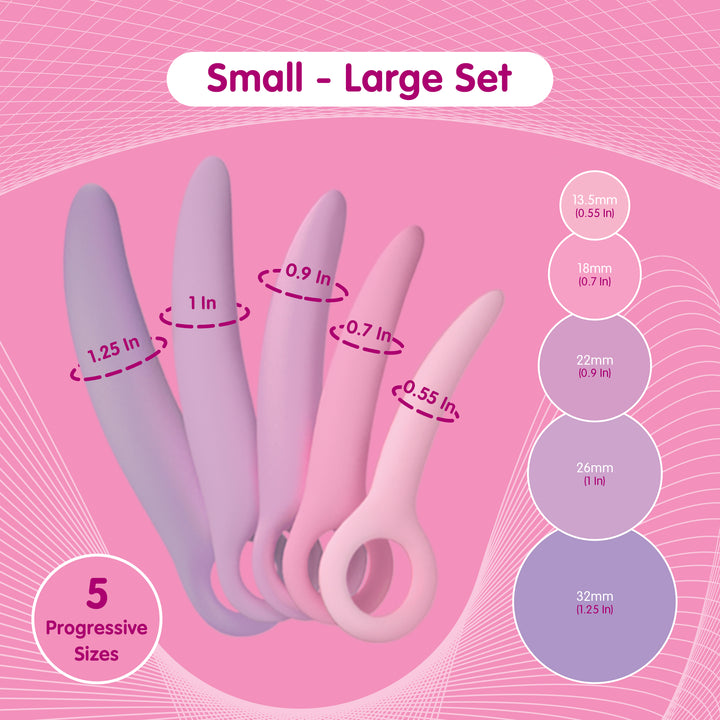 Small to large vaginal dilator set with five progressive sizes in pastel pink and purple colours, featuring smooth tapered designs and size measurements from 13.5mm to 32mm.