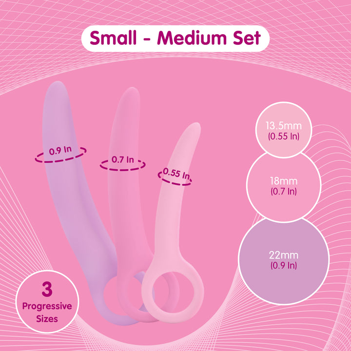 Small to medium vaginal dilator set with three progressive sizes in pastel pink and purple colours, featuring smooth tapered designs and size measurements from 13.5mm to 22mm.