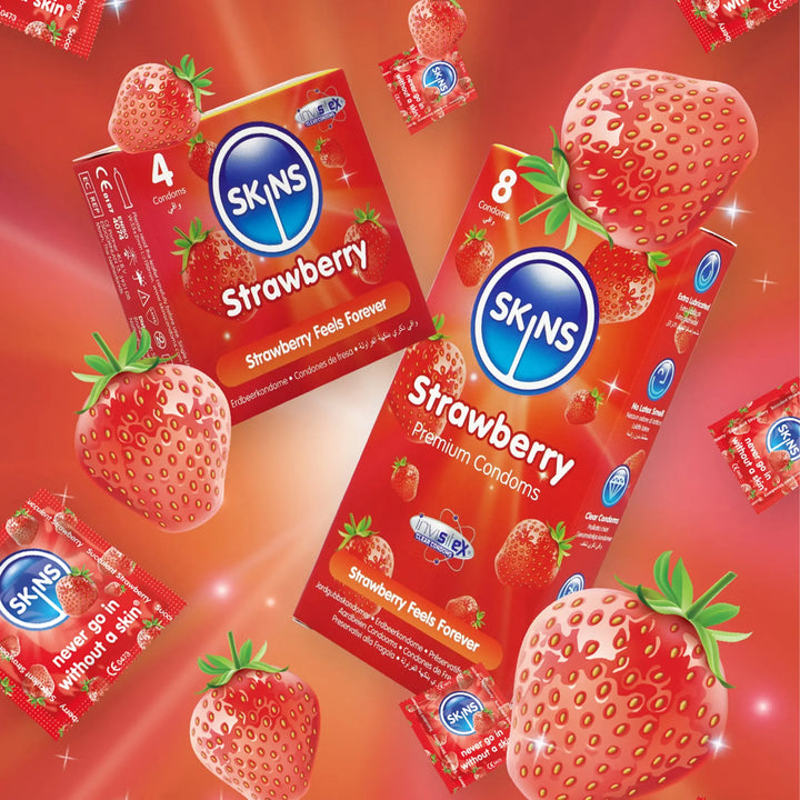 SKINS Strawberry flavored condoms on a red background with strawberries.
