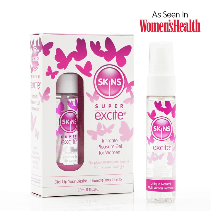 SKINS Super Excite product packaging with pink butterflies on a white background