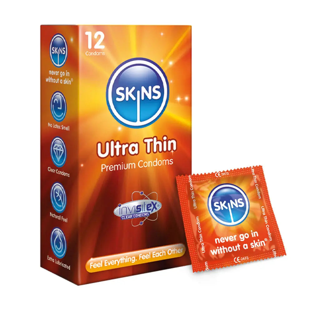 Box of Skins Ultra Thin condoms with a single packet on a white background