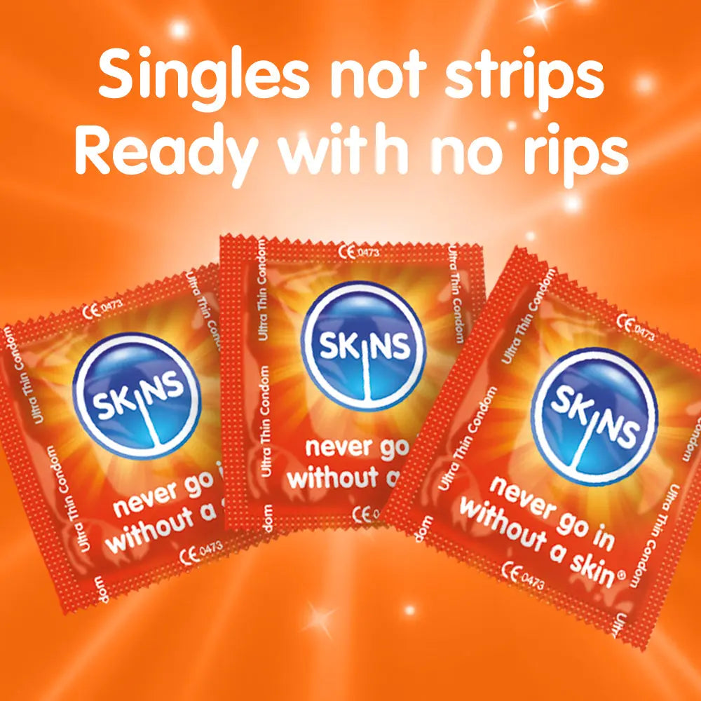 SKINS condoms packaging with promotional text on an orange background