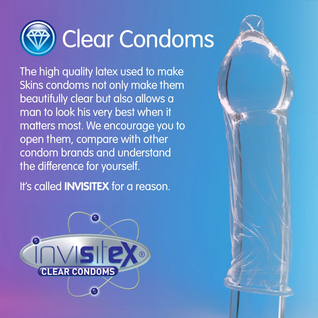 Clear condom with promotional text and Invisitex branding on a blue and purple gradient background