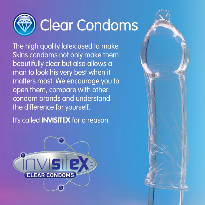 Clear condom with promotional text and Invisitex branding on a blue and purple gradient background