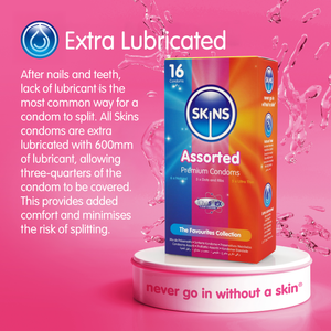 SKINS condoms packaging with text on a pink background
