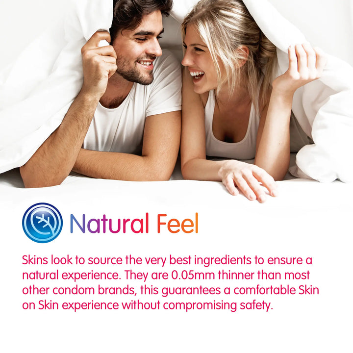 Couple lying in bed together with 'Natural Feel' branding and product description.