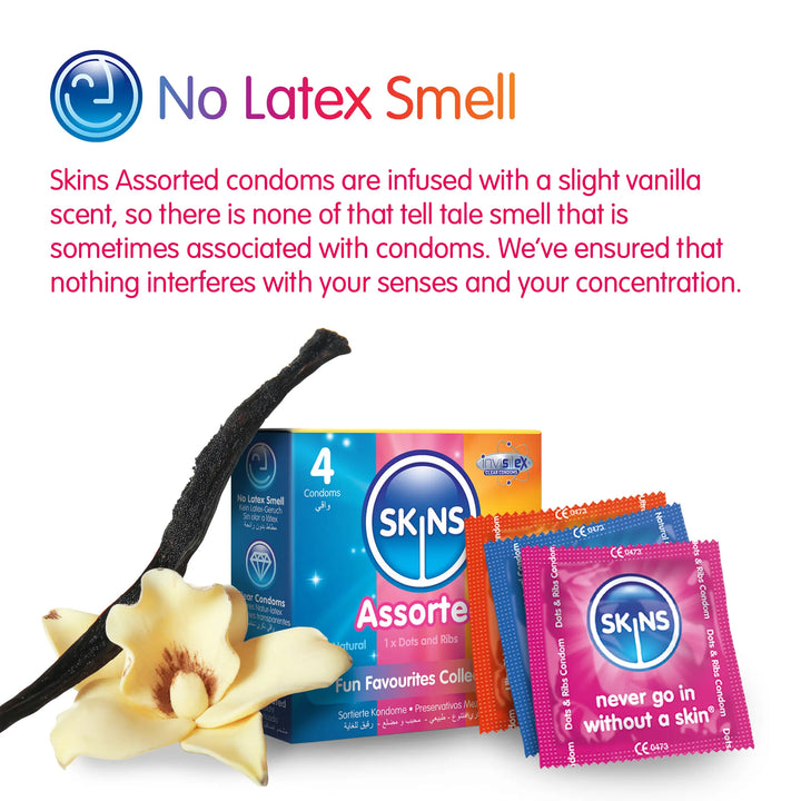 SKINS condoms with vanilla flower and packaging on a white background