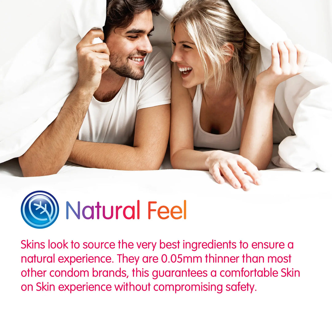 Couple lying in bed together with 'Natural Feel' branding and product description.