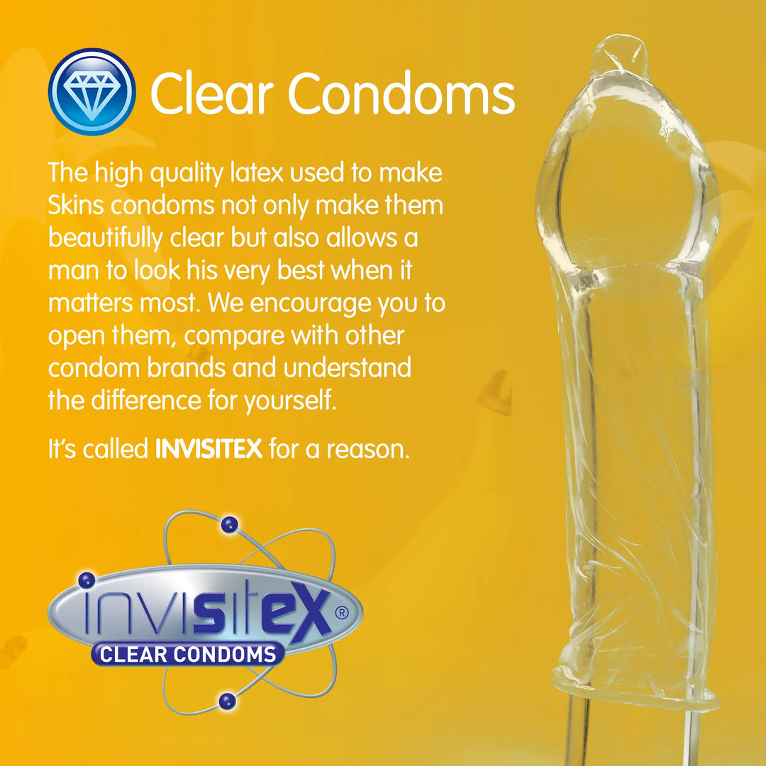 Clear condom packaging with Invisitex branding on a yellow background
