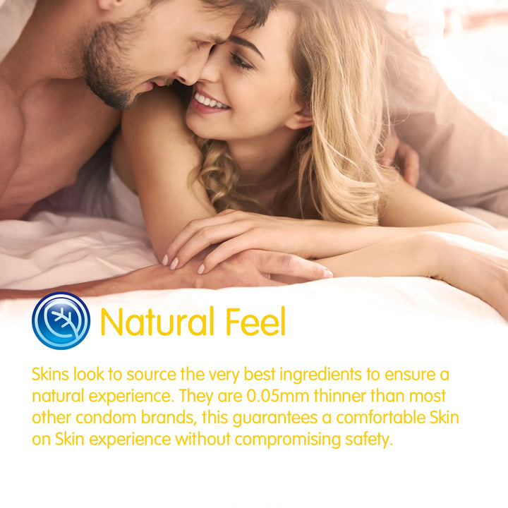 Couple embracing with 'Natural Feel' branding and product description text.
