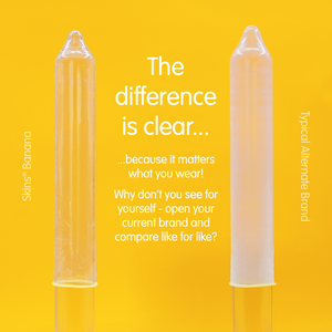Two skincare product tubes on a yellow background with text comparing 'Skin' Banana' to 'Typical Alternate Brand'.