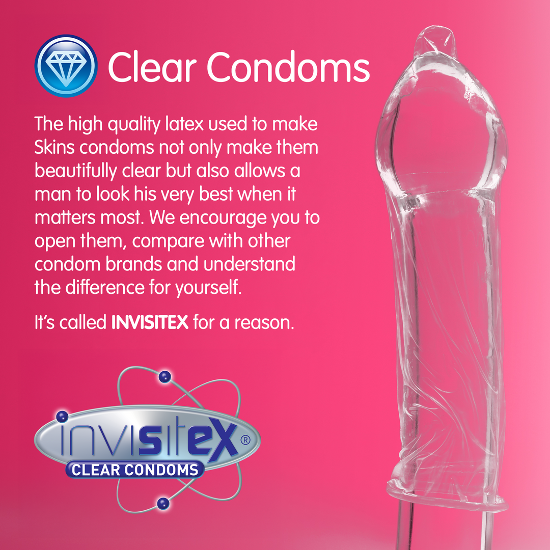 Clear condom on a pink background with Invisitex branding and text.