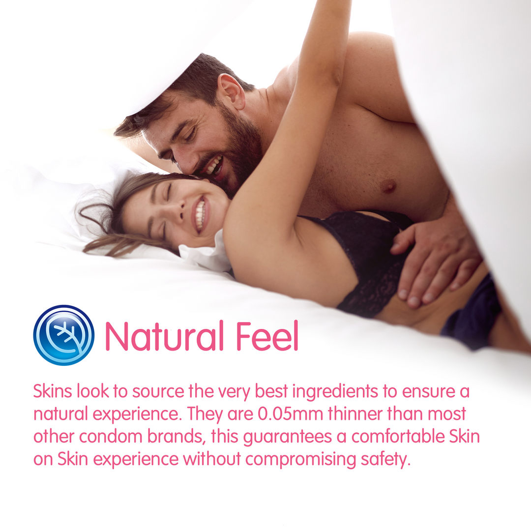 Couple lying in bed with 'Natural Feel' branding and product description text.