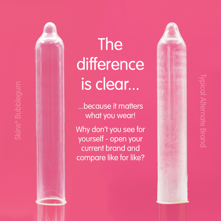 Two condoms on a pink background with text comparing 'Skins Bubblegum' to 'Typical Alternate Brand'.