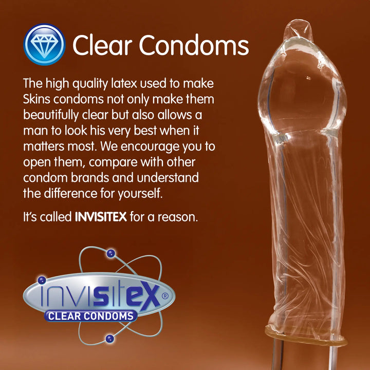 Clear condom with text and Invisitex branding on a brown background