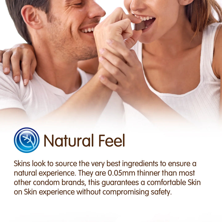 Couple sharing a chocolate bar with 'Natural Feel' branding and product description.
