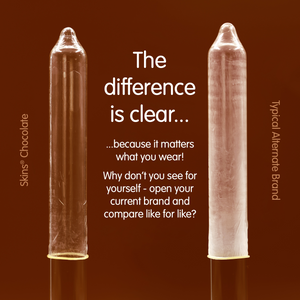 Two condoms on a brown background with text comparing 'Skins' brand to 'Typical Alternate Brand'.