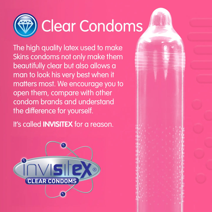 Clear condom on a pink background with Invisitex branding and text.