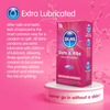 Skins Dots & Ribs condom packaging on a pink background with product description text.