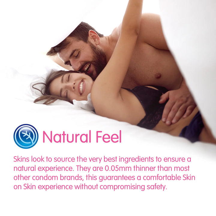 Couple lying in bed with 'Natural Feel' branding and product description text.