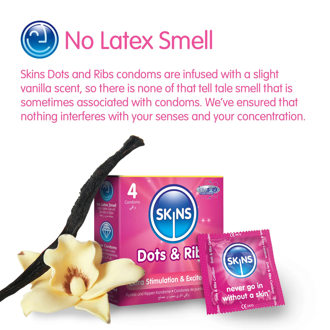 SKINS Dots & Ribs condoms packaging with vanilla flower on a white background