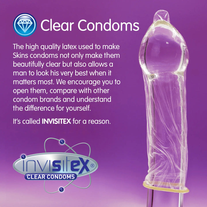 Clear condom packaging with text on a purple background, featuring the Invisitex brand.