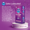 Skins Extra Lubricated condoms packaging on a purple background with text about lubrication.