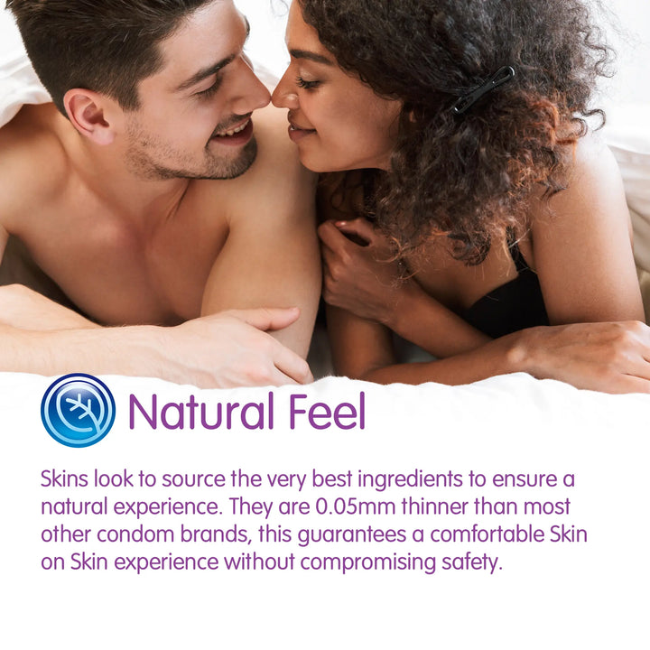 Couple embracing with 'Natural Feel' branding and product description text.
