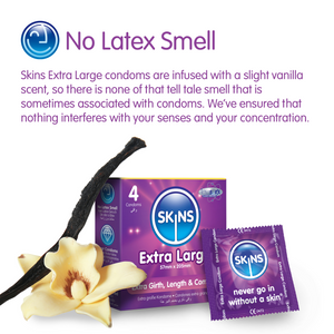 Skins Extra Large condoms with vanilla flower on a white background