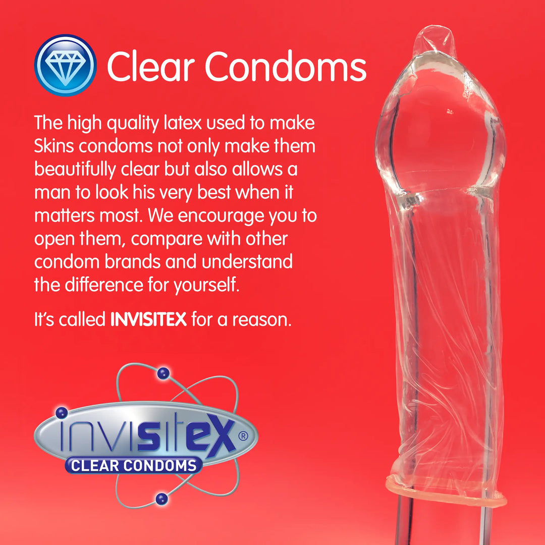 Clear condom packaging with Invisitex branding on a red background