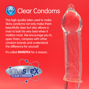 Clear condom packaging with Invisitex branding on a red background