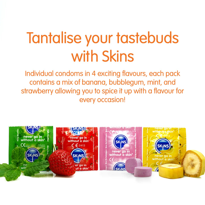 Promotional image of Skins condoms with flavour-themed packaging and candy illustrations.