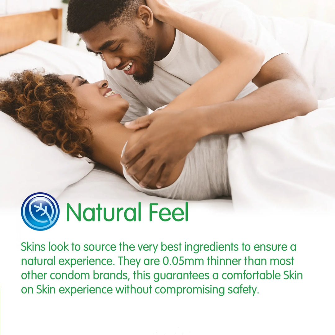 Couple lying in bed together with 'Natural Feel' branding and product description text.