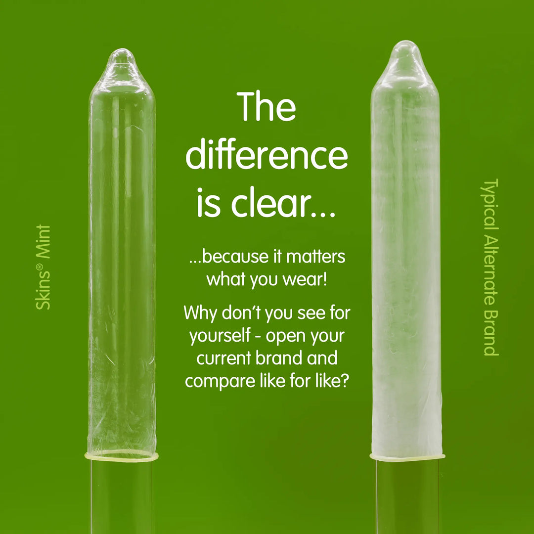 Two condoms on a green background with text comparing 'Skins Mint' to 'Typical/Alternate Brand'.
