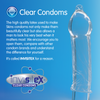 Clear condom with text and Invisitex logo on a blue background