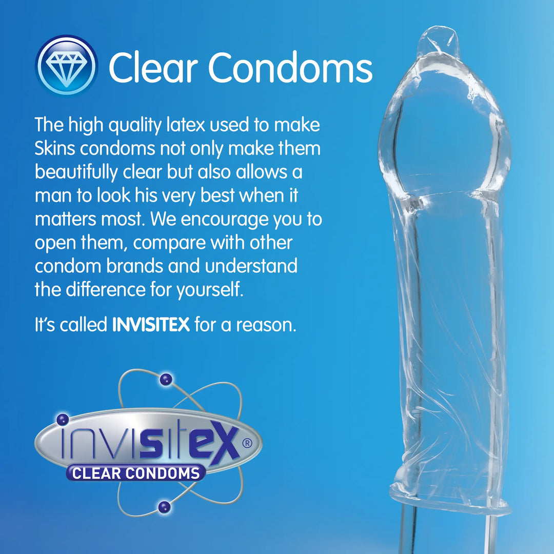 Clear condom with text and Invisitex logo on a blue background