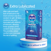 SKINS condom packaging with lubrication information on a blue background