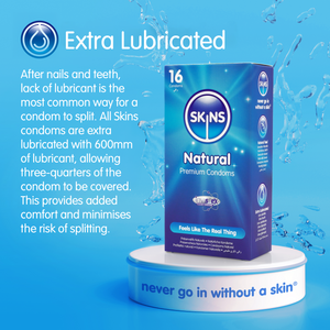 SKINS condom packaging with lubrication information on a blue background