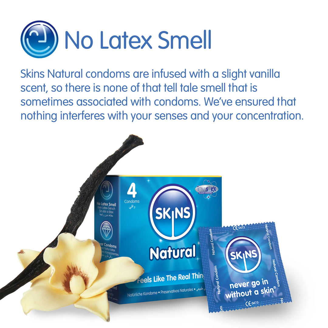 SKINS Natural condoms with vanilla flower on a white background