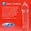 Clear condom packaging with text and Invisitex logo on a red background