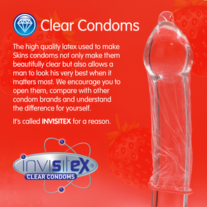Clear condom packaging with text and Invisitex logo on a red background