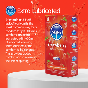 Skins Strawberry premium condoms packaging with lubrication features on a red background