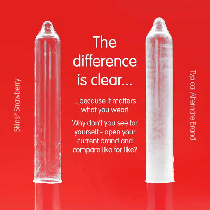 Two condoms on a red background with text comparing 'Skins Strawberry' to 'Typical Alternate Brand'.