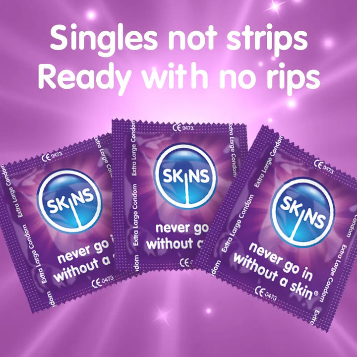 SKINS condoms packaging on a purple background with text 'Singles not strips Ready with no rips'.
