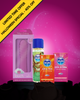Collection of Skins products including a Touch wand, a bottle of lube, and two Skins condom boxes on a pink background with yellow banner advertising 40% off for Halloween