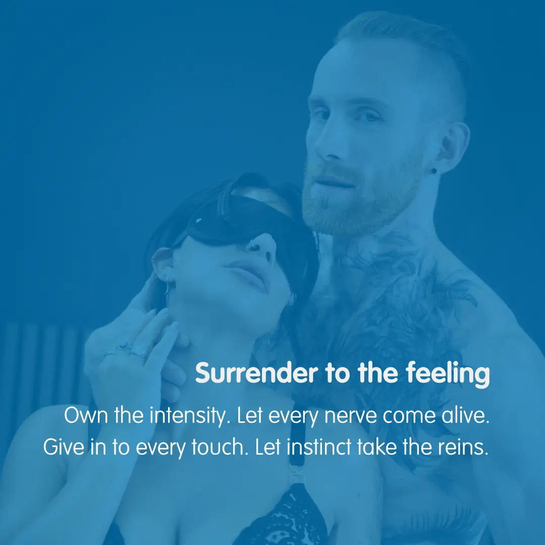 Two people embracing with a blue overlay and text about surrendering to feelings.