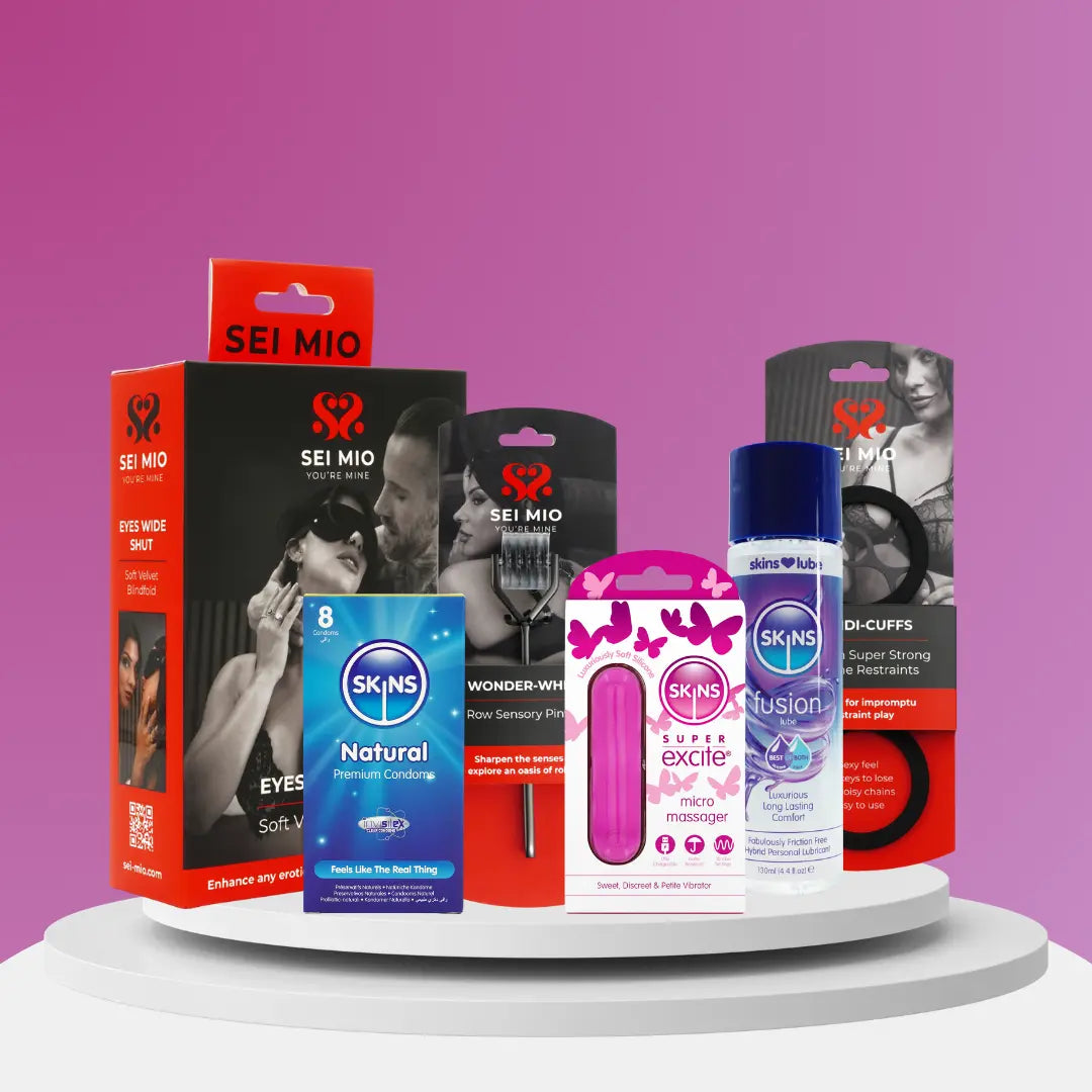 Collection of SEI MIO and SKINS products on a purple background
