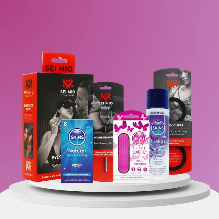 Collection of SEI MIO and SKINS products on a purple background